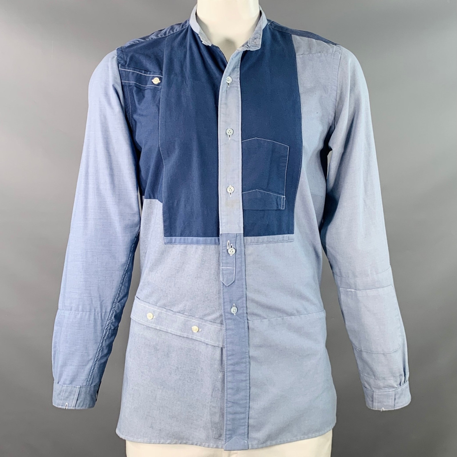 Needles L Blue Light Blue Patchwork Deconstructed Cotton Blend Long Sleeve Shirt